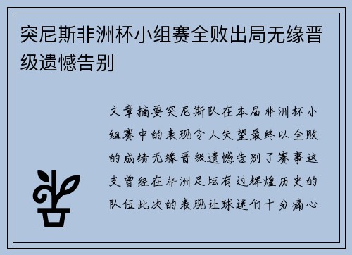 突尼斯非洲杯小组赛全败出局无缘晋级遗憾告别